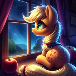 Size: 1024x1024 | Tagged: safe, imported from derpibooru, applejack, earth pony, pony, ai content, ai generated, apple, bedroom, curtains, female, food, freckles, generator:bing image creator, generator:dall-e 3, glass, heart, light, mare, mountain, night, pictures, prompter:equestria pony fans, sitting, sky, smiling, solo, stars, tree, window, wood, wrong cutie mark