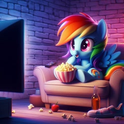 Size: 1024x1024 | Tagged: safe, imported from derpibooru, rainbow dash, pegasus, pony, ai content, ai generated, alcohol, apple, bottle, bowl, brick wall, clothes, couch, drink, female, floor, food, generator:bing image creator, generator:dall-e 3, glass bottle, happy, mare, messy, open mouth, popcorn, prompter:equestria pony fans, remote control, room, shoes, short, sitting, smiling, solo, television, wall, watching, watching tv, wrong cutie mark