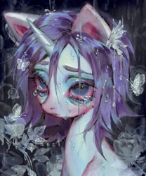 Size: 1702x2048 | Tagged: safe, artist:p0nyplanet, imported from derpibooru, rarity, butterfly, pony, unicorn, abstract background, bags under eyes, bust, colored eyebrows, colored pinnae, crying, eye clipping through hair, eyebrows, eyelashes, eyeshadow, female, flower, hair accessory, horn, looking up, makeup, mare, rose, signature, solo, wet, wet mane, wet mane rarity