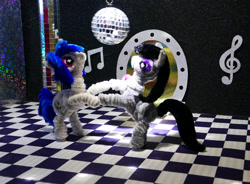 Size: 3072x2262 | Tagged: safe, alternate version, artist:malte279, imported from derpibooru, part of a set, dj pon-3, octavia melody, vinyl scratch, chenille, chenille stems, chenille wire, craft, dancing, mirror ball, pipe cleaner sculpture, pipe cleaners
