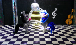 Size: 4213x2534 | Tagged: safe, alternate version, artist:malte279, imported from derpibooru, part of a set, dj pon-3, octavia melody, vinyl scratch, cello, chenille, chenille stems, chenille wire, craft, dancing, mirror ball, musical instrument, pipe cleaner sculpture, pipe cleaners
