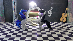 Size: 4479x2524 | Tagged: safe, alternate version, artist:malte279, imported from derpibooru, part of a set, dj pon-3, octavia melody, vinyl scratch, cello, chenille, chenille stems, chenille wire, craft, dancing, mirror ball, musical instrument, pipe cleaner sculpture, pipe cleaners