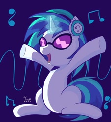 Size: 1417x1563 | Tagged: safe, artist:trash-art06, imported from derpibooru, dj pon-3, vinyl scratch, pony, unicorn, blue background, female, glasses, glowing, glowing horn, headphones, hooves up, horn, mare, music notes, open mouth, open smile, signature, simple background, sitting, smiling, solo, underhoof, vinyl's glasses