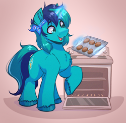 Size: 2568x2504 | Tagged: safe, artist:witchtaunter, imported from derpibooru, pony, bandana, commission, cookie, cooking, food, happy, magic, male, oven, simple background, smiling, solo, stallion