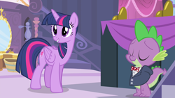 Size: 1280x720 | Tagged: safe, imported from derpibooru, screencap, spike, twilight sparkle, alicorn, dragon, season 4, simple ways, bowtie, clothes, necktie, smiling, suit, tuxedo, twilight sparkle (alicorn)