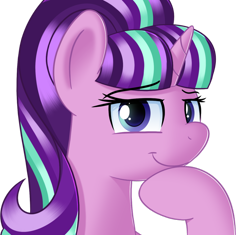 Size: 1024x961 | Tagged: artist needed, safe, imported from twibooru, starlight glimmer, pony, unicorn, ears up, female, hoof on chin, image, looking at you, mare, png, s5 starlight, shading, shiny eyes, simple background, smiling, smiling at you, smug, transparent background