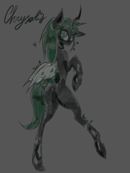 Size: 3001x4000 | Tagged: safe, artist:toxikil, imported from derpibooru, queen chrysalis, changeling, changeling queen, semi-anthro, choker, dock, eyelashes, female, horn, raised hoof, raised tail, simple background, sketch, solo, tail