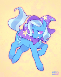 Size: 2060x2592 | Tagged: safe, artist:kuroikamome, imported from derpibooru, trixie, pony, unicorn, blue coat, brooch, cape, clothes, cutie mark, ear fluff, flying, gem, hat, horn, jewelry, looking at you, multicolored mane, multicolored tail, pink eyes, simple background, smiling, solo, stars, tail, trixie's brooch, trixie's cape, trixie's hat, watermark, wavy mane, wavy tail, white mane, white tail
