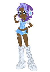 Size: 1640x2360 | Tagged: safe, artist:dreamscreep, imported from derpibooru, rarity, human, blue eyes, boots, bracelet, clothes, corset, earmuffs, eyeshadow, garter, gyaru, high heels, humanized, jewelry, makeup, miniskirt, necklace, platform boots, pleated skirt, purple hair, redesign, shoes, skirt, smiling, solo