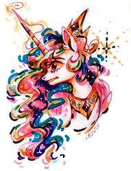 Size: 1489x1944 | Tagged: safe, artist:drizzledazzle, imported from derpibooru, princess celestia, alicorn, pony, bust, crown, ethereal mane, female, folded wings, horn, jewelry, magic, mare, peytral, regalia, signature, simple background, solo, white background, wings