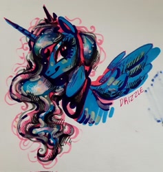 Size: 1941x2048 | Tagged: safe, artist:drizzledazzle, imported from derpibooru, princess luna, alicorn, pony, bust, crown, ethereal mane, female, horn, jewelry, mare, peytral, regalia, signature, simple background, smiling, solo, spread wings, white background, wings