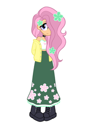 Size: 1640x2360 | Tagged: safe, imported from derpibooru, fluttershy, human, equestria girls, blue eyes, boots, choker, clothes, ear piercing, flower, flower in hair, hair over one eye, humanized, long skirt, piercing, pink hair, redesign, shoes, short shirt, skirt, smiling, solo, sweater, tanktop