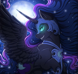 Size: 1397x1326 | Tagged: safe, artist:binibean, imported from derpibooru, nightmare moon, alicorn, pony, antagonist, blue eyes, blue mane, blue tail, bust, concave belly, digital art, ethereal hair, ethereal mane, eyeshadow, fangs, feather, female, flowing mane, flowing tail, glowing, glowing eyes, grin, helmet, hoof shoes, horn, looking at you, makeup, mare, moon, moonlight, night, peytral, portrait, princess shoes, raised hoof, signature, smiling, smiling at you, solo, sparkles, spread wings, starry mane, starry night, starry tail, stars, tail, teeth, villainess, wings
