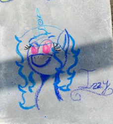 Size: 2866x3141 | Tagged: safe, artist:jesslmc16, imported from derpibooru, izzy moonbow, pony, unicorn, beautiful, bust, chalk, colored pupils, female, g5, horn, mare, name, portrait, sidewalk, solo, text, traditional art