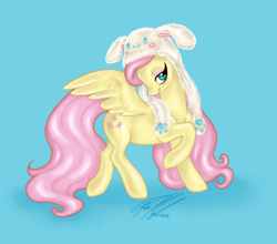 Size: 1024x903 | Tagged: safe, artist:moonfeather, imported from derpibooru, fluttershy, pegasus, pony, animal hat, blue background, commission, cute, eyeshadow, hat, lidded eyes, makeup, raised hoof, shyabetes, simple background, solo, spread wings, wings