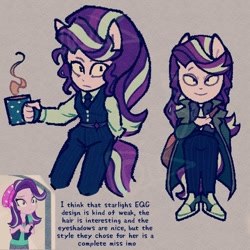 Size: 1000x1000 | Tagged: safe, artist:disaterror, imported from derpibooru, starlight glimmer, equestria girls, alternate clothes, alternate design, arm behind back, button-up shirt, clothes, coat, dress shirt, drink, female, front view, frown, grammar error, gray background, holding, looking at you, misspelling, mug, necktie, no catchlights, pants, pink skin, pony ears, ponytail, raised arms, raised eyebrows, redesign, shirt, shoes, simple background, slit pupils, smiling, smiling at you, sneakers, solo, standing, sweater vest, tail, text, texture, tied hair, two toned hair, two toned tail, vector
