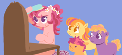 Size: 1350x617 | Tagged: safe, artist:universalheart, imported from derpibooru, little mac, oc, oc:baby bumblesweet, oc:butterscotch, oc:peach blossom, earth pony, pony, blue background, brush, flower, flower in hair, group, hairbrush, offspring, parent:big macintosh, parent:sugar belle, parents:sugarmac, quartet, simple background