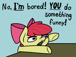 Size: 2048x1532 | Tagged: safe, artist:ewoudcponies, imported from derpibooru, apple bloom, earth pony, pony, blue background, cyan background, female, filly, foal, open mouth, simple background, solo, table, text
