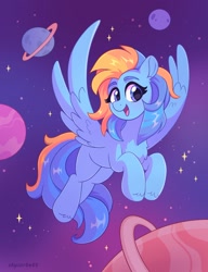 Size: 1630x2123 | Tagged: safe, artist:skysorbett, imported from derpibooru, oc, oc only, oc:nebula, pegasus, pony, cute, eyebrows, female, looking at you, mare, open mouth, open smile, pegasus oc, planet, smiling, smiling at you, solo, space, spread wings, stars, wings