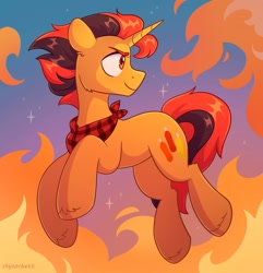 Size: 1191x1238 | Tagged: safe, artist:skysorbett, imported from derpibooru, oc, oc only, oc:selest light, pony, unicorn, clothes, confident, eyebrows, fire, frown, horn, scarf, solo, unicorn oc