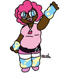 Size: 972x1130 | Tagged: artist needed, safe, imported from derpibooru, pinkie pie, human, arm warmers, chubby, clothes, cutie mark, cutie mark on clothes, humanized, leg warmers, simple background, solo, white background