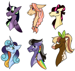 Size: 1940x1832 | Tagged: safe, artist:penultimate-wishes, imported from derpibooru, oc, oc only, oc:chocolate raspberry crumble, oc:clover chorus, oc:magnolia bloom, oc:prismatic, oc:rusty horseshoe, oc:seaside glitter, alicorn, earth pony, pegasus, pony, unicorn, alicorn oc, black sclera, bust, ear piercing, earring, earth pony oc, fangs, female, freckles, grin, horn, jewelry, lip piercing, looking at you, magical lesbian spawn, male, mare, next generation, offspring, parent:applejack, parent:big macintosh, parent:cheese sandwich, parent:fluttershy, parent:king sombra, parent:orchard blossom, parent:pinkie pie, parent:quibble pants, parent:rainbow dash, parent:rarity, parent:sassy saddles, parent:trouble shoes, parent:troubleshoes clyde, parent:twilight sparkle, parents:cheesepie, parents:fluttermac, parents:quibbledash, parents:rarisaddles, parents:troublejack, parents:twibra, pegasus oc, piercing, ribbon, simple background, smiling, stallion, transparent background, unicorn oc, wings