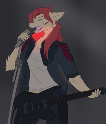 Size: 2480x2902 | Tagged: safe, artist:ollie sketchess, imported from derpibooru, oc, oc only, oc:eve string, anthro, earth pony, cyberpunk, cyberpunk 2077, guitar, musical instrument, simple background, singing