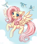 Size: 3459x4096 | Tagged: safe, artist:konejo, imported from derpibooru, fluttershy, bird, pegasus, pony, cloud, cute, female, flying, looking at you, open mouth, open smile, shyabetes, simple background, sky, smiling, smiling at you, solo, spread wings, wings