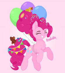 Size: 3384x3796 | Tagged: safe, artist:emyart18, imported from derpibooru, pinkie pie, earth pony, pony, the last problem, bags under eyes, balloon, candy, chest fluff, confetti, cute, eyes closed, female, food, grin, lollipop, mare, older, older pinkie pie, pink background, plushie, rubber duck, simple background, smiling, solo, teddy bear