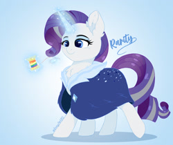 Size: 2628x2211 | Tagged: safe, artist:emyart18, imported from derpibooru, rarity, pony, unicorn, the last problem, bags under eyes, blue background, chest fluff, cloak, clothes, cute, female, horn, magic, mare, older, older rarity, rainbow thread, simple background, smiling, solo, spool, telekinesis