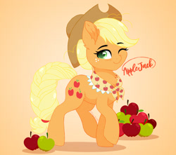 Size: 3258x2876 | Tagged: safe, artist:emyart18, imported from derpibooru, applejack, earth pony, pony, the last problem, apple, applejack's hat, braid, braided tail, clothes, cowboy hat, cute, ear fluff, female, food, granny smith's shawl, hat, looking at you, mare, older, older applejack, one eye closed, orange background, scarf, shawl, simple background, smiling, smiling at you, solo, tail, wink, winking at you