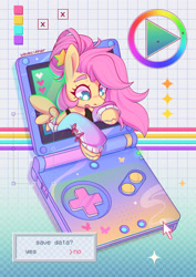 Size: 2480x3508 | Tagged: safe, artist:wavecipher, imported from derpibooru, fluttershy, pegasus, pony, abstract background, breaking the fourth wall, console, cute, female, game console, oh no, shyabetes, solo, sparkles