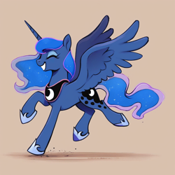 Size: 1024x1024 | Tagged: safe, imported from derpibooru, princess luna, alicorn, pony, ai content, ai generated, concave belly, cute, eyes closed, female, generator:pony diffusion v6 xl, generator:stable diffusion, grin, lunabetes, mare, prompter:pika-robo, simple background, smiling, solo, spread wings, sweet dreams fuel, tan background, trotting, wings