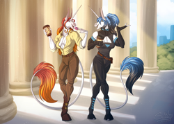 Size: 1600x1143 | Tagged: safe, artist:sunny way, imported from derpibooru, oc, oc:kelesta, oc:kelin, anthro, horse, absolute cleavage, alacorna, art, artwork, breasts, celestin, cleavage, clothes, coffee, digital art, donut, duo, equis universe, female, fit, food, happy, horn, mare, muscles, outfit, siblings, sisters, slender, smiling, strong, tail, thin, transformers, unicron