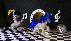Size: 5143x2967 | Tagged: safe, alternate version, artist:malte279, imported from derpibooru, part of a set, dj pon-3, octavia melody, vinyl scratch, cello, chase, chenille, chenille stems, chenille wire, craft, disco ball, duo, duo female, female, musical instrument, pipe cleaner sculpture, pipe cleaners