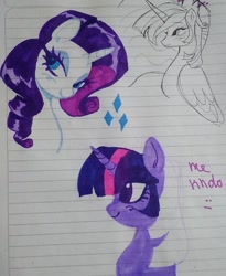 Size: 1440x1752 | Tagged: safe, artist:dulcesilly, imported from derpibooru, rarity, twilight sparkle, alicorn, pony, unicorn, bust, female, horn, lined paper, mare, marker drawing, smiling, traditional art, twilight sparkle (alicorn), unicorn twilight
