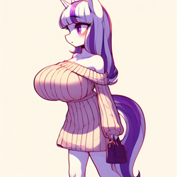 Size: 1024x1024 | Tagged: safe, imported from derpibooru, oc, oc only, anthro, unicorn, adorasexy, ai content, ai generated, bare shoulders, big breasts, breasts, busty oc, clothes, cute, female, horn, huge breasts, prompter:horselover fat, pullover, purse, sexy, short, shortstack, shoulderless, side view, sideboob, simple background, solo, unicorn oc, walking, white background