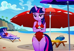 Size: 1216x832 | Tagged: safe, imported from twibooru, twilight sparkle, alicorn, anthro, ai content, ai generated, baywatch, beach, breasts, busty twilight sparkle, chair, clothes, crossed arms, first aid kit, generator:stable diffusion, image, lawn chair, needs more jpeg, one-piece swimsuit, rock cliff, seductive pose, sexy, smiling, solo, standing, sunbathing, swimsuit, table, umbrella