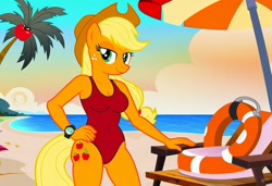 Size: 1216x832 | Tagged: safe, imported from twibooru, applejack, anthro, earth pony, ai content, ai generated, baywatch, beach, breasts, buoy, busty applejack, chair, clothes, generator:stable diffusion, hand on hip, image, needs more jpeg, one-piece swimsuit, palm tree, seductive pose, sexy, smiling, solo, standing, sunbathing, swimsuit, tree, umbrella