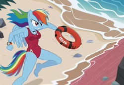 Size: 1216x832 | Tagged: safe, imported from twibooru, rainbow dash, anthro, pegasus, ai content, ai generated, baywatch, beach, breasts, buoy, busty rainbow dash, clothes, determined look, generator:stable diffusion, image, needs more jpeg, one-piece swimsuit, running, seductive look, sexy, solo, sunbathing, swimsuit