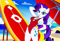 Size: 1216x832 | Tagged: safe, imported from twibooru, rarity, anthro, unicorn, ai content, ai generated, arm behind head, baywatch, beach, breasts, busty rarity, clothes, flirting, generator:stable diffusion, hand on hip, image, inviting, needs more jpeg, one-piece swimsuit, seductive pose, sexy, smiling, solo, standing, sunbathing, surfboard, swimsuit, umbrella