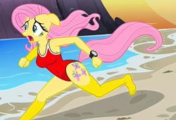 Size: 1216x832 | Tagged: safe, imported from twibooru, fluttershy, anthro, pegasus, ai content, ai generated, baywatch, beach, breasts, busty fluttershy, clothes, generator:stable diffusion, image, needs more jpeg, one-piece swimsuit, rock cliff, running, seductive pose, sexy, solo, swimsuit, tan lines, worried