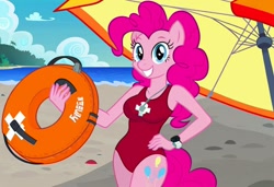 Size: 1216x832 | Tagged: safe, imported from twibooru, pinkie pie, anthro, earth pony, ai content, ai generated, baywatch, beach, breasts, buoy, busty pinkie pie, clothes, flirting, generator:stable diffusion, hand on hip, image, inviting, needs more jpeg, one-piece swimsuit, seductive pose, sexy, smiling, solo, standing, swimsuit, umbrella