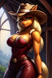 Size: 512x768 | Tagged: safe, imported from twibooru, applejack, anthro, ai content, ai generated, bra, breasts, clothes, female, hat, image, looking at you, needs more jpeg, prompter:knipslip, solo, solo female, underwear