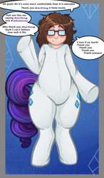 Size: 875x1500 | Tagged: safe, artist:thesphinxune, imported from derpibooru, rarity, human, blushing, clothes, costume, dialogue, human to pony, male to female, mental shift, pony costume, rule 63, smiling, speech bubble, speech change, transformation, transformation sequence, transgender transformation