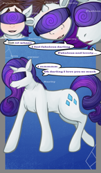 Size: 875x1500 | Tagged: safe, artist:thesphinxune, imported from derpibooru, rarity, human, pony, unicorn, clothes, costume, dialogue, horn, human to pony, hypnogear, male to female, mental shift, mind control, open mouth, open smile, rule 63, smiling, speech bubble, speech change, transformation, transformation sequence, transgender transformation, visor