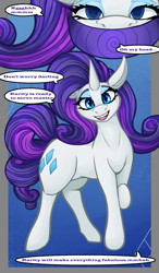 Size: 875x1500 | Tagged: safe, artist:thesphinxune, imported from derpibooru, rarity, pony, unicorn, clothes, costume, dialogue, horn, human to pony, hypnogear, looking at you, male to female, mental shift, mind control, open mouth, open smile, rule 63, smiling, speech bubble, speech change, transformation, transgender transformation, visor