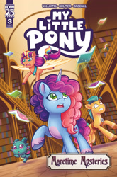 Size: 2063x3131 | Tagged: safe, artist:abigail starling, idw, imported from derpibooru, hitch trailblazer, sunny starscout, alicorn, dragon, earth pony, pony, unicorn, spoiler:comic, spoiler:g5, book, comic cover, cover, cover art, g5, group, horn, library, misty brightdawn, my little pony: tell your tale, official, sparky sparkeroni