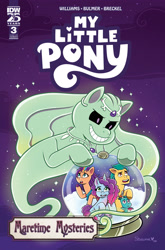 Size: 2063x3131 | Tagged: safe, artist:shauna j. grant, idw, imported from derpibooru, hitch trailblazer, sunny starscout, dragon, earth pony, ghost, ghost pony, pony, undead, unicorn, spoiler:comic, spoiler:g5, comic cover, cover, cover art, g5, group, horn, misty brightdawn, my little pony: tell your tale, official, snow globe, sparky sparkeroni