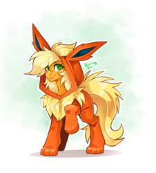 Size: 1836x2032 | Tagged: safe, artist:buvanybu, imported from derpibooru, part of a set, applejack, earth pony, flareon, pony, clothes, costume, female, kigurumi, looking at you, mare, pokémon, smiling, solo